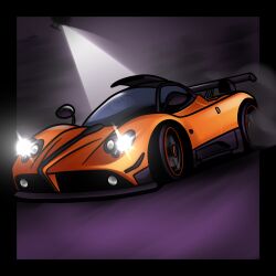 aircraft black_border border car chibi commentary english_commentary headlight_beam helicopter highres motion_blur motor_vehicle need_for_speed need_for_speed:_hot_pursuit_(2010) orange_car pagani pagani_zonda shadow smoke spoiler_(automobile) sports_car toonzoku vehicle_focus