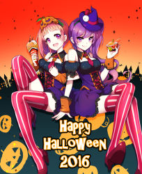 Rule 34 | 10s, 2016, 2girls, :d, :q, arm hug, bad id, bad pixiv id, blush, breasts, building, closed mouth, corset, crepe, crossed legs, detached collar, detached sleeves, english text, eyebrows, food, garter straps, gradient background, halloween, happy halloween, hat, head tilt, high heels, highres, holding, holding food, ice cream, icedango (dpopic3), jack-o&#039;-lantern, long hair, looking at viewer, medium breasts, mini hat, mini witch hat, multiple girls, necktie, open mouth, orange hair, original, pink eyes, pink skirt, puffy short sleeves, puffy sleeves, purple eyes, purple hair, red footwear, red necktie, shoes, short necktie, short sleeves, side ponytail, silhouette, sitting, skirt, smile, striped clothes, striped legwear, striped thighhighs, thighhighs, tongue, tongue out, vertical-striped clothes, vertical-striped legwear, vertical-striped thighhighs, very long hair, window, wing collar, witch hat, wrist cuffs