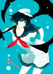 Rule 34 | 1girl, anchor, black hair, blue background, bubble, closed mouth, commentary request, cowboy shot, green eyes, hair between eyes, hand on own hip, hat, highres, holding, holding anchor, kiui (kogane), looking at viewer, murasa minamitsu, red neckwear, sailor hat, school uniform, serafuku, shirt, short hair, shorts, simple background, solo, touhou, twitter username, white shirt, white shorts