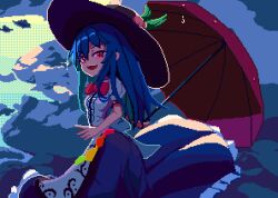 Rule 34 | 1girl, black headwear, blue hair, blue skirt, bow, bowtie, brodall pixel, center frills, cloud, commentary request, frills, hinanawi tenshi, holding, holding umbrella, leaf, long hair, looking at viewer, open mouth, outdoors, peach hat ornament, pixel art, rainbow order, red bow, red bowtie, red eyes, red umbrella, shirt, short sleeves, sidelocks, skirt, sky, solo, teeth, touhou, umbrella, upper teeth only, white shirt
