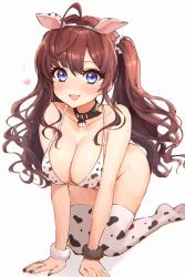 Rule 34 | 1girl, absurdres, ahoge, all fours, animal ears, animal print, bare shoulders, bell, neck bell, bikini, bikini top only, blue eyes, blush, bottomless, breasts, brown hair, cleavage, collar, commentary request, cow ears, cow girl, cow print, fake animal ears, flying sweatdrops, hair ornament, hair scrunchie, heart, highres, ichinose shiki, idolmaster, idolmaster cinderella girls, kudou (sikisiki0000), large breasts, long hair, looking at viewer, print bikini, scrunchie, solo, swimsuit, thighhighs, twintails, wavy hair, white background, wrist scrunchie