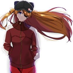 Rule 34 | 1girl, blue eyes, bodysuit, closed mouth, evangelion: 3.0 you can (not) redo, expressionless, eyepatch, hair between eyes, hands in pockets, hat, jacket, long hair, long sleeves, neon genesis evangelion, orange hair, pilot suit, plugsuit, rebuild of evangelion, red bodysuit, shiny clothes, simple background, solo, souryuu asuka langley, syica, white background