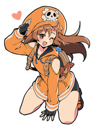 Rule 34 | 1girl, ;d, backpack, bag, bare shoulders, black gloves, black shorts, brown eyes, brown hair, cabbie hat, clothing cutout, fingerless gloves, full body, gloves, guilty gear, guilty gear strive, hat, heart, highres, itsuka neru, jacket, kneeling, long hair, looking at viewer, may (guilty gear), one eye closed, open mouth, orange hat, orange jacket, salute, short shorts, shorts, shoulder cutout, skull and crossbones, smile, solo, white background