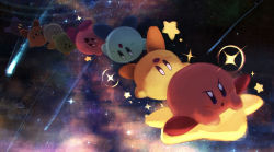 Rule 34 | alternate color, blush stickers, comet, flying, furrowed brow, highres, kirby, kirby (series), multiple others, nebula, nintendo, no humans, open mouth, smile, space, star (sky), star (symbol), super smash bros., suyasuyabi, warp star