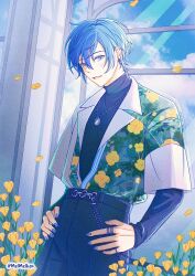 Rule 34 | 1boy, artist name, black pants, black shirt, blue eyes, blue hair, blue nails, cloud, cloudy sky, cowboy shot, earrings, falling petals, fingernails, floral print, flower, hands on own hips, highres, jewelry, kaito (vocaloid), lapels, layered sleeves, leaf, long sleeves, looking at viewer, male focus, melkan, necklace, notched lapels, official alternate costume, open mouth, pants, petals, project sekai, ring, shirt, short hair, short over long sleeves, short sleeves, sky, solo, sweater, the first concerto (project sekai), turtleneck, turtleneck sweater, vivid bad squad (project sekai), vivid bad squad kaito, vocaloid, yellow flower