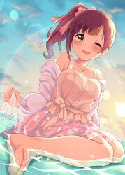 Rule 34 | 1girl, bare shoulders, barefoot, blush, bow, breasts, brown eyes, brown hair, brown shirt, cleavage, cloud, collarbone, dekosuke, detached sleeves, dot nose, floral print skirt, full body, gradient sky, hair bow, hair ribbon, hand up, highres, holding, holding clothes, holding skirt, idolmaster, idolmaster cinderella girls, idolmaster cinderella girls starlight stage, igarashi kyoko, jewelry, lens flare, long hair, long sleeves, looking at viewer, medium breasts, necklace, one eye closed, open mouth, outdoors, pink ribbon, pink skirt, purple sleeves, rainbow, rainbow gradient, ribbon, see-through, see-through skirt, shirt, side ponytail, sitting, skirt, sky, sleeveless, sleeveless shirt, smile, soles, solo, sparkle, star (sky), sun, sunset, toes, wariza, wet