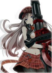 Rule 34 | 10s, 1girl, alisa ilinichina amiella, blue eyes, boots, breasts, cabbie hat, elbow gloves, female focus, fingerless gloves, gloves, god eater, god eater burst, gun, hat, holding, holding weapon, huge weapon, large breasts, long hair, looking at viewer, navel, pantyhose, plaid, simple background, skirt, solo, suspender skirt, suspenders, thigh boots, thighhighs, underboob, weapon