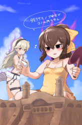 Rule 34 | 2girls, absurdres, aura, bikini, black hairband, blade ride, blue sky, brown hair, closed mouth, cloud, corrin (female) (fire emblem), corrin (female) (summer) (fire emblem), corrin (fire emblem), dark aura, day, delthea (fire emblem), dragon tail, fire emblem, fire emblem echoes: shadows of valentia, fire emblem fates, fire emblem heroes, from side, hairband, highres, huge filesize, long hair, looking to the side, multiple girls, nintendo, official alternate costume, one-piece swimsuit, outdoors, parted lips, ponytail, red eyes, sand castle, sand sculpture, sky, swimsuit, tail, thigh strap, translation request, twitter username, white hair