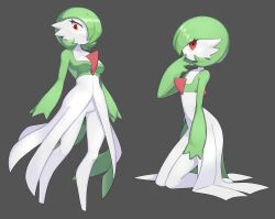 Rule 34 | 2girls, :&lt;, absurdres, arm at side, arms at sides, bob cut, breasts, closed mouth, collarbone, colored skin, creatures (company), female focus, flat chest, flowers-imh, from side, full body, game freak, gardevoir, gen 3 pokemon, green hair, green skin, grey background, hair over one eye, half-closed eyes, hand to own mouth, hand up, highres, kneeling, legs, legs together, looking at viewer, looking down, looking to the side, medium breasts, multicolored skin, multiple girls, nintendo, one eye covered, pokemon, pokemon (creature), red eyes, short hair, simple background, standing, thighs, two-tone skin, white skin