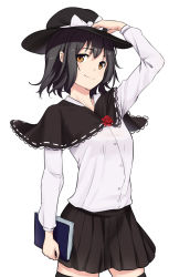Rule 34 | 1girl, absurdres, arm up, black hair, black thighhighs, book, bow, brown eyes, capelet, cowboy shot, flower, flower ornament, frills, hat, hat bow, hat ribbon, highres, holding, holding book, holding clothes, holding hat, kaoshuzi, long sleeves, ribbon, rose, shirt, short hair, skirt, solo, thighhighs, touhou, usami renko, white background