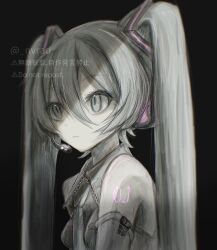Rule 34 | 1girl, artist name, bare shoulders, black background, black shirt, black sleeves, blue eyes, blue hair, blue necktie, blurry, breasts, closed mouth, collared shirt, depth of field, detached sleeves, earpiece, expressionless, female focus, hair between eyes, hair ornament, hatsune miku, long hair, looking afar, matching hair/eyes, muted color, necktie, neverland+, number tattoo, shirt, sidelocks, simple background, sleeveless, sleeveless shirt, small breasts, solo, tattoo, twintails, twitter username, upper body, vocaloid, watermark