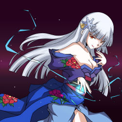 Rule 34 | 1girl, :q, bare shoulders, breasts, bunny1219, cleavage, hair ornament, hairpin, hime cut, japanese clothes, kimono, long hair, medium breasts, orange eyes, purple background, sister quest, smile, snowflake hair ornament, solo, tongue, tongue out, white hair, yukiko (sister quest)