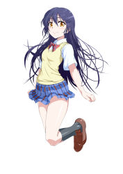 Rule 34 | 1girl, black socks, blue hair, bow, bowtie, closed mouth, commentary request, dress shirt, floating, full body, hair between eyes, highres, kneehighs, kyo9999, long hair, looking at viewer, love live!, love live! school idol project, otonokizaka school uniform, plaid, plaid skirt, pleated skirt, red bow, red bowtie, school uniform, shirt, shoes, short sleeves, simple background, skirt, smile, socks, solo, sonoda umi, striped bow, striped bowtie, striped clothes, striped neckwear, vest, white background, white shirt, yellow eyes