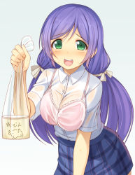 Rule 34 | 10s, 1girl, blush, bra, breasts, commentary request, green eyes, holding, kageira, large breasts, long hair, looking at viewer, love live!, love live! school idol project, low twintails, open mouth, plaid, plaid skirt, purple hair, school uniform, scrunchie, see-through, shirt, short sleeves, skirt, solo, tojo nozomi, twintails, underwear, wet, wet clothes, wet shirt, white shirt