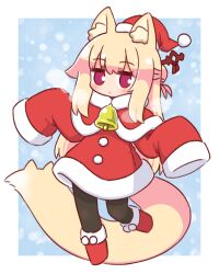 Rule 34 | 1girl, animal ear fluff, animal ears, bell, black pantyhose, blonde hair, blush, capelet, closed mouth, commentary, dress, fox ears, fox girl, fox tail, full body, fur-trimmed capelet, fur-trimmed dress, fur trim, hair ornament, hairpin, hat, highres, kemomimi-chan (naga u), long hair, naga u, neck bell, original, pantyhose, pom pom (clothes), purple eyes, red capelet, red dress, red footwear, santa costume, santa hat, sleeves past fingers, sleeves past wrists, solo, tail