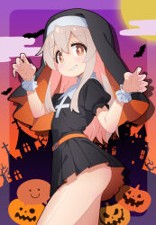 1girl absurdres bare_legs bat_(animal) belt black_shirt black_skirt brown_eyes claw_pose cloud commentary cowboy_shot full_moon habit hair_between_eyes halloween highres jack-o&#039;-lantern light_blush long_hair looking_at_viewer melciort moon nun onii-chan_wa_oshimai! orange_belt orange_skirt oyama_mahiro parted_lips pink_hair pleated_skirt puffy_short_sleeves puffy_sleeves shirt short_sleeves skirt smile solo thighs two-sided_fabric wrist_cuffs