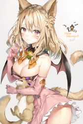 Rule 34 | 1girl, animal, animal ears, animal hug, warrior of light (ff14), bare shoulders, bat wings, black collar, blush, bow, breasts, brown wings, cat ears, cat girl, cat tail, cleavage, closed mouth, collar, commentary, dated, detached collar, dress, elbow gloves, facial mark, final fantasy, final fantasy xiv, gloves, grey background, hair between eyes, happy halloween, highres, large breasts, light brown hair, long hair, looking at viewer, miqo&#039;te, momoko (momopoco), orange bow, pink dress, pink gloves, red eyes, signature, slit pupils, smile, solo, strapless, strapless dress, tail, tail raised, whisker markings, wing collar, wings