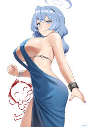Rule 34 | 1boy, 1girl, ako (blue archive), ako (dress) (blue archive), black hairband, blue archive, blue dress, blue eyes, blue hair, blue halo, breasts, cowboy shot, cuffs, doodle sensei (blue archive), dress, hair between eyes, hairband, halo, handcuffs, highres, kion-kun, large breasts, long hair, official alternate costume, open mouth, sensei (blue archive), sideboob, simple background, sleeveless, sleeveless dress, twitter username, white background