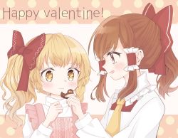 Rule 34 | + +, 2girls, alternate hair length, alternate hairstyle, alternate headwear, apron, arm up, ascot, bad id, bad pixiv id, blonde hair, blush, bow, braid, brown eyes, brown hair, candy, chocolate, chocolate heart, english text, feeding, fingernails, food, hair bow, hair tubes, hakurei reimu, half updo, happy valentine, hase tsumugi, heart, high collar, highres, holding, holding chocolate, holding food, kirisame marisa, long sleeves, looking at another, looking to the side, multiple girls, open mouth, pink apron, polka dot, polka dot background, red bow, red vest, shirt, short hair, side ponytail, sidelocks, single braid, touhou, two-tone background, upper body, valentine, vest, white background, white shirt, yellow ascot, yellow eyes