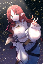 Rule 34 | 1girl, arknights, artist name, dwarf, green eyes, grey skirt, highres, jacket, lingshalan, long hair, looking at viewer, myrtle (arknights), navel, open clothes, open jacket, open mouth, pointy ears, red hair, skirt, sleeves past wrists, smile, solo, tank top, v, white tank top