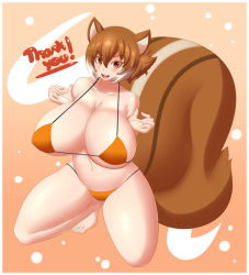 Rule 34 | 1girl, :d, animal ears, barefoot, bikini, blazblue, blazblue: continuum shift, breasts, brown eyes, brown hair, cleavage, collarbone, full body, huge breasts, jcdr, looking at viewer, makoto nanaya, navel, open mouth, short hair, smile, solo, squatting, squirrel tail, swimsuit, tail, thighs, toes
