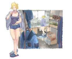 Rule 34 | 1girl, blonde hair, boyshort panties, breasts, brushing teeth, folded ponytail, full body, highres, kitchen, lucia morgan, medium breasts, messy room, morning, nissin cup noodle, parted bangs, police, police uniform, policewoman, shirt on shoulders, slippers, solo, sora-bakabon, street fighter, street fighter v, striped, tank top, toothbrush, uniform, updo, vertical stripes, waking up
