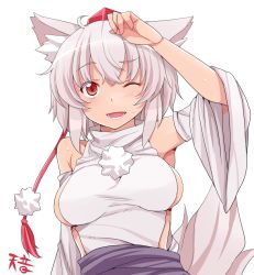 Rule 34 | 1girl, ;d, amane hasuhito, animal ears, arm up, bad id, bad pixiv id, bare shoulders, blush, breasts, female focus, hat, impossible clothes, impossible shirt, inubashiri momiji, one eye closed, open mouth, shirt, short hair, sideboob, simple background, smile, solo, tokin hat, touhou, white background, white hair, wink, wolf ears