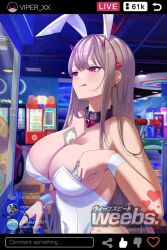 Rule 34 | 1girl, animal ears, arcade, banknote, breasts, cleavage, goddess of victory: nikke, large breasts, leotard, licking, licking lips, livestream, money, fake phone screenshot, playboy bunny, rabbit ears, spiz, streamers, tongue, tongue out, viper (nikke)