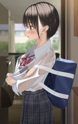 Rule 34 | 1girl, bag, black bra, black hair, blush, bow, bra, breasts, brown eyes, collared shirt, commentary request, diagonal-striped bow, from side, grey skirt, indoors, medium breasts, mottsun (i 40y), open door, original, parted lips, plaid, plaid skirt, pleated skirt, profile, red bow, school bag, school uniform, see-through, shirt, short hair, skirt, solo, standing, underwear, wet, wet clothes, wet shirt, white shirt, wringing clothes