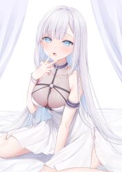 Rule 34 | 1girl, arm cuffs, blue eyes, blunt bangs, blush, bracelet, breasts, choker, cleavage, collarbone, commentary request, cross, cross choker, curtains, dress, highres, jewelry, long hair, looking at viewer, medium breasts, nagura shiro, on bed, open mouth, original, see-through, see-through cleavage, see-through dress, sitting, sleeveless, sleeveless dress, straight hair, teeth, upper teeth only, very long hair, wariza, white dress, white hair