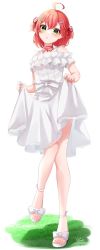 Rule 34 | 1girl, ahoge, ankle strap, bare shoulders, blush, dress, frilled dress, frills, full body, green eyes, hair ornament, hair ribbon, hairclip, highres, hololive, looking at viewer, off-shoulder dress, off shoulder, parted lips, pink hair, ribbon, sakura miko, short hair, skirt hold, solo, strappy heels, triangle mouth, two side up, virtual youtuber, white dress, white footwear, yuzuki koebu