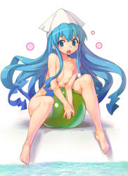 Rule 34 | 1girl, :o, ball, barefoot, beachball, between thighs, blue eyes, blue hair, breasts squeezed together, breasts, cleavage, covering privates, covering crotch, feet, hat, highres, ikamusume, long hair, looking at viewer, matching hair/eyes, nude, onono imoko, open mouth, pool, poolside, shinryaku! ikamusume, sitting, small breasts, solo, thighs, transparent, v arms, water