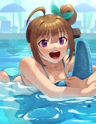 Rule 34 | 1girl, :d, ahoge, bikini, blue bikini, blue ribbon, blurry, blurry background, commentary, drill hair, hair ribbon, idolmaster, idolmaster million live!, inflatable shark, inflatable toy, kamille (vcx68), leaning forward, looking at viewer, open mouth, pool, purple eyes, ribbon, short hair, side drill, side ponytail, sidelocks, smile, solo, swimming, swimsuit, water, water drop, wet, yokoyama nao