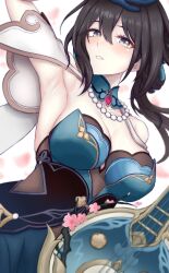 Rule 34 | 1girl, aqua dress, arm up, armpits, bead necklace, beads, black hair, blue eyes, brooch, capelet, commentary request, dress, highres, honkai: star rail, honkai (series), instrument, jewelry, long hair, looking at viewer, necklace, parted lips, ruan mei (honkai: star rail), solo, sphere-stc, strapless, strapless dress, upper body, white capelet