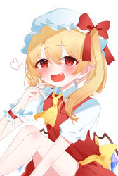 Rule 34 | 1girl, ascot, blonde hair, blush, cowboy shot, dress, fang, flandre scarlet, hat, hat ribbon, heart, highres, medium hair, mob cap, okuraume 0, open mouth, red dress, red eyes, red ribbon, ribbon, short sleeves, side ponytail, simple background, solo, touhou, white background, yellow ascot