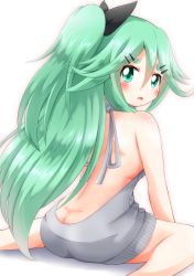 Rule 34 | 10s, 1girl, ass, back, blush, butt crack, commentary request, dimples of venus, from behind, green eyes, green hair, gu-rahamu omega x, hair between eyes, hair ornament, hair ribbon, hairclip, kantai collection, long hair, looking at viewer, looking back, meme attire, open mouth, ponytail, ribbon, simple background, sitting, solo, virgin killer sweater, wariza, white background, yamakaze (kancolle)