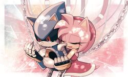 Rule 34 | 1boy, 1girl, amy rose, animal ears, bz shawn, chain, closed eyes, crying, crying with eyes open, dress, furry, furry female, gloves, highres, hug, metal sonic, open mouth, red dress, red eyes, robot, sleeveless, sleeveless dress, sonic (series), tail, tears, white gloves