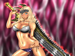 Rule 34 | 1girl, bikini, blonde hair, blue eyes, breasts, cameltoe, cleavage, contrapposto, dark-skinned female, dark skin, dragon&#039;s dogma, dragon&#039;s dogma (series), huge weapon, large breasts, long hair, navel, oiled, over shoulder, passerby-a, pawn (dragon&#039;s dogma), shiny skin, solo, standing, strap gap, sweat, swimsuit, sword, sword over shoulder, tiara, weapon, weapon over shoulder