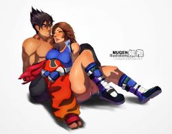 Rule 34 | 1boy, 1girl, artist name, artist request, ass, behind another, black hair, breasts, brown hair, cousins, jumpsuit, kazama asuka, kazama jin, large breasts, looking at another, tekken