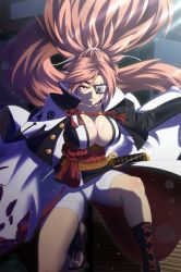 Rule 34 | &gt;:(, 1girl, amputee, armor, baiken, bandages, black kimono, breasts, buttons, cape, cleavage, eyelashes, eyepatch, eyes visible through hair, facial mark, facing viewer, forehead mark, frown, gluteal fold, guilty gear, guilty gear xrd, hair between eyes, high ponytail, highres, japanese armor, japanese clothes, kagiyama (clave), katana, kimono, kneeling, large breasts, light particles, lips, long hair, multicolored clothes, multicolored kimono, no bra, obi, on one knee, one-eyed, open clothes, open kimono, parted lips, pink hair, popped collar, rope, sandals, sash, scar, scar across eye, scar on face, sheath, sheathed, shimenawa, shiny skin, skull, solo, sparkle, spiked hair, suneate, sword, tassel, teeth, toenails, torn cape, torn clothes, v-shaped eyebrows, very long hair, weapon, white kimono