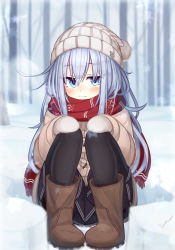 Rule 34 | 1girl, alternate costume, bad id, bad pixiv id, beanie, black pantyhose, black skirt, blue eyes, hair between eyes, hat, hibiki (kancolle), highres, jacket, kantai collection, long hair, long sleeves, mittens, outdoors, pantyhose, pleated skirt, red scarf, reitou mikan, scarf, silver hair, sitting, skirt, snow, snowflakes, solo