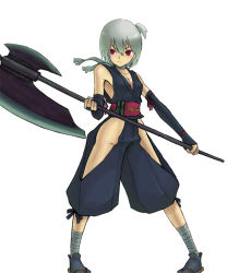 Rule 34 | 1girl, axe, breasts, cleavage, covered erect nipples, double bladed axe, elbow gloves, gloves, hair between eyes, hip vent, japanese clothes, medium breasts, no panties, red eyes, solo, standing, warrior, weapon, white hair