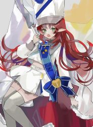Rule 34 | 1girl, :o, apple, arknights, blue bow, bow, cape, enne kl, feet out of frame, flag, food, fruit, fur-trimmed cape, fur trim, golden apple, green eyes, grey thighhighs, highres, holding, holding flag, layered skirt, long hair, long sleeves, looking at viewer, midriff peek, miniskirt, myrtle (arknights), myrtle (light gold celebration) (arknights), official alternate costume, open mouth, parted bangs, red cape, red hair, sash, skirt, solo, thighhighs, very long hair, white headwear, white skirt, zettai ryouiki