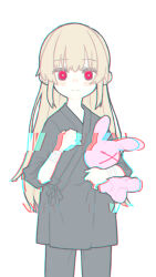 Rule 34 | 1girl, black pants, black robe, blonde hair, blush, chromatic aberration, closed mouth, commentary request, cowboy shot, glitch, hand on own chest, highres, holding, holding stuffed toy, hospital gown, long hair, looking at viewer, mixed-language commentary, mojibake commentary, natori sana, pants, red eyes, robe, sana channel, short sleeves, sidelocks, simple background, smile, solo, stuffed animal, stuffed rabbit, stuffed toy, uewtsol, virtual youtuber, white background