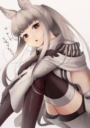 Rule 34 | 1girl, absurdres, animal ear fluff, animal ears, arknights, black gloves, black thighhighs, brown eyes, chestnut mouth, commentary request, elbow gloves, gloves, grey eyes, highres, hitsuji no rice, horse ears, jacket, knees together feet apart, knees up, long hair, looking at viewer, open mouth, platinum (arknights), ponytail, silver hair, simple background, sitting, solo, thighhighs, thighs, translation request, white jacket