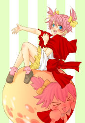 Rule 34 | 1girl, :d, arc the lad, arc the lad ii, blush, bobby socks, bow, choko (arc the lad), hair ribbon, happy, open mouth, pink hair, red eyes, red hair, ribbon, shawl, shoes, short hair, short twintails, skirt, smile, socks, solo, twintails, yellow bow