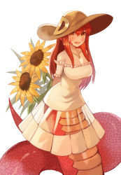Rule 34 | 1girl, :d, absurdres, alternate costume, arms behind back, blush, breasts, commission, dress, flower, hair between eyes, hat, hat ornament, highres, jewelry, lamia, large breasts, long hair, looking at viewer, miia (monster musume), monster girl, monster musume no iru nichijou, necklace, open mouth, pendant, red hair, scales, simple background, smile, solo, sookmo, strapless, strapless dress, sun hat, sunflower, white background, white dress, yellow eyes
