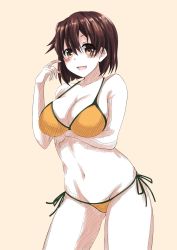 Rule 34 | 1girl, :d, bikini, breasts, brown eyes, brown hair, cleavage, cowboy shot, highres, hiryuu (kancolle), kantai collection, large breasts, looking at viewer, nakura haru, navel, open mouth, pink background, short hair, simple background, smile, solo, stomach, swimsuit, yellow bikini