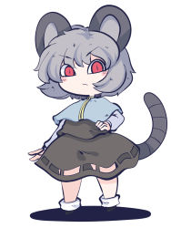 Rule 34 | 1girl, animal ears, black footwear, black skirt, black vest, blush stickers, capelet, chahan (fried rice0614), closed mouth, full body, grey capelet, grey hair, highres, long sleeves, mouse ears, mouse tail, nazrin, one-hour drawing challenge, red eyes, shirt, shoes, short hair, simple background, skirt, solo, tail, touhou, vest, white background, white shirt