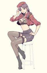 Rule 34 | 1girl, bar stool, beret, boots, breasts, brown eyes, cropped jacket, cross, cross necklace, flat color, full body, garter straps, hand on own hip, hat, highres, jacket, jasmin darnell, jewelry, katsuragi misato, lingerie, long hair, long legs, looking at viewer, medium breasts, midriff, miniskirt, necklace, neon genesis evangelion, open clothes, open jacket, parted lips, pencil skirt, pinup (style), purple hair, simple background, sitting, skirt, solo, stool, thighhighs, underwear, white background